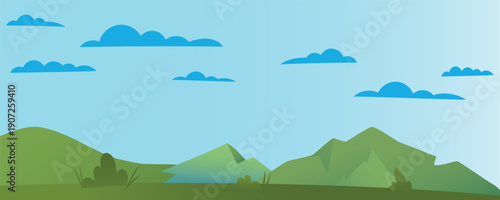 Minimalist landscape illustration with green hills and mountains under a clear blue sky with soft clouds. Simple nature scenery ideal for backgrounds, travel concepts, environmental themes
