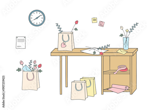 Vector illustration of a florist workspace with table, paper bags holding bouquets, notes and wall clock. Flower shop interior and order preparation concept.