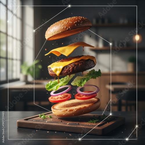 A burger with lettuce, tomato, and onions is shown in a restaurant