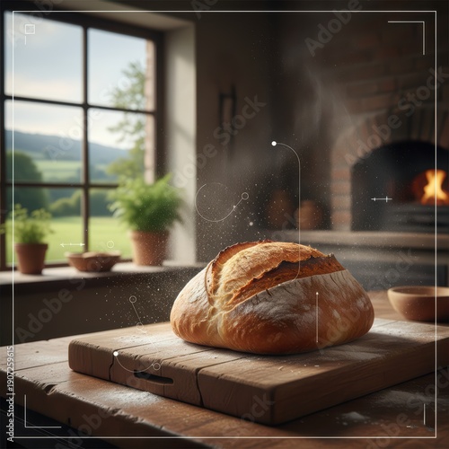 A loaf of bread sits on a wooden cutting board in a kitchen