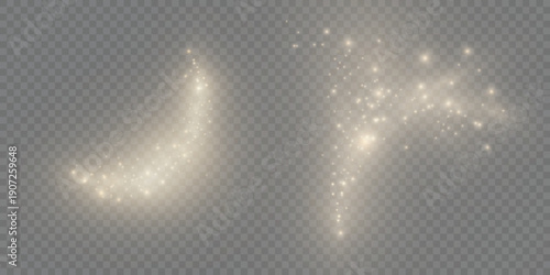 Golden magic fairy dust trails on transparent background for fantasy overlay and photo editing