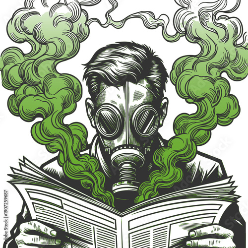 man in a gas mask reading a newspaper as green toxic smoke swirls around, symbolizing harmful media consumption sketch engraving generative ai vector illustration. Scratch board. Black and white image