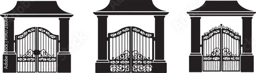 Black and white ornate gate with pillars and roofs architecture