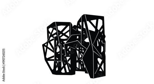Abstract black and white geometric sculpture with intersecting lines and cubic forms
