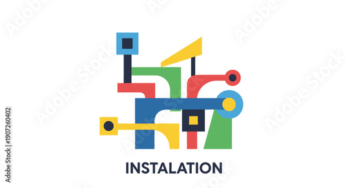 Abstract geometric installation art with vibrant colors and stacked shapes