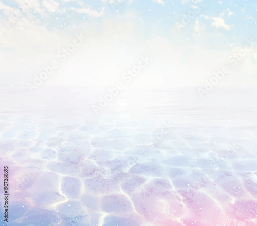 Heaven with clouds and floating water beach vector design background. Sea or ocean caustic water backdrop. Summer beach aestetic. Natural transparent underwater surface. Clean sparkling waterscape
