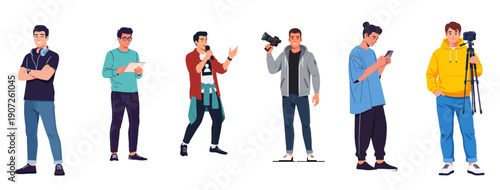 A content creator captures diverse individuals using various devices and cameras in a studio setting with a clean white background from a front viewpoint