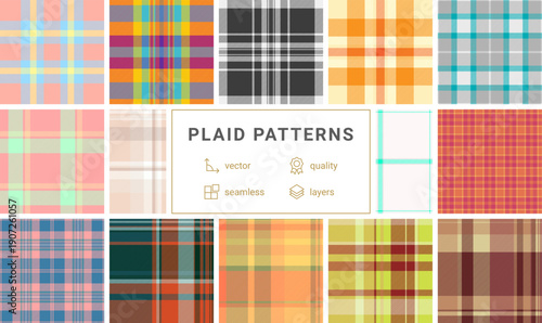 Modern plaid pack built for fashion branding. Multiple tartan options help shape visual identity across lookbooks, labels, tags. Clean vectors scale effortlessly.
