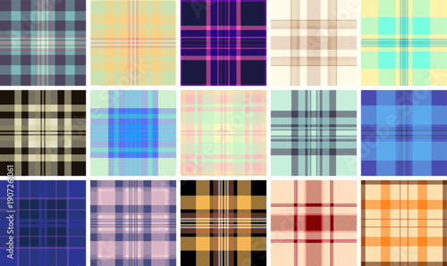 Plaid pattern set created for modern digital backgrounds and trendy wallpapers. Vector designs perfect for social media graphics, apps, websites, and devices.
