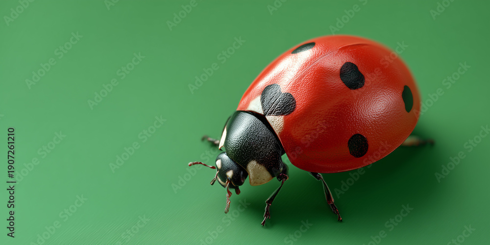 Fototapeta premium A vibrant ladybug crawling on a green surface