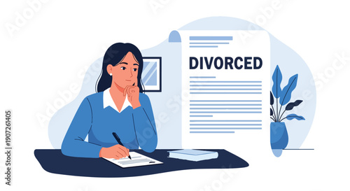 Flat vector illustration of woman signing divorce papers at office desk, legal separation process, emotional decision, modern lifestyle concept, solid colors, clean minimal design
