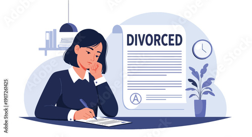 Flat vector illustration of woman signing divorce papers at office desk, legal separation process, emotional decision, modern lifestyle concept, solid colors, clean minimal design