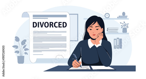 Flat vector illustration of woman signing divorce papers at office desk, legal separation process, emotional decision, modern lifestyle concept, solid colors, clean minimal design