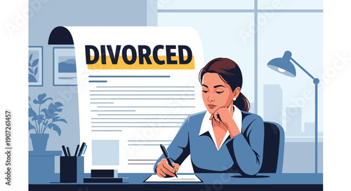 Flat vector illustration of woman signing divorce papers at office desk, legal separation process, emotional decision, modern lifestyle concept, solid colors, clean minimal design