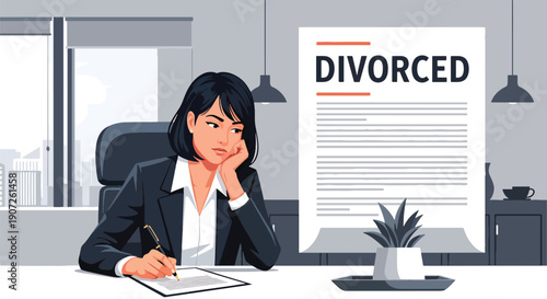 Flat vector illustration of woman signing divorce papers at office desk, legal separation process, emotional decision, modern lifestyle concept, solid colors, clean minimal design