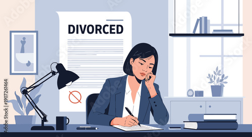 Flat vector illustration of woman signing divorce papers at office desk, legal separation process, emotional decision, modern lifestyle concept, solid colors, clean minimal design