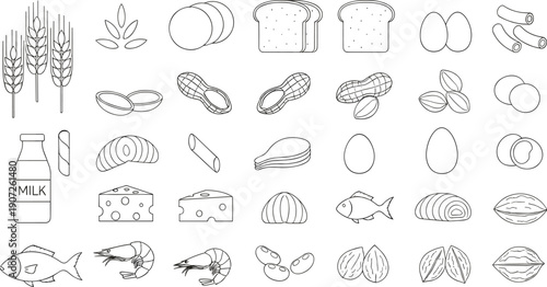 Food Ingredient Line Icon Set with Bread Eggs Milk Fish Nuts Grains and Bakery Products for Grocery Packaging Menus and Clean Vector Designs