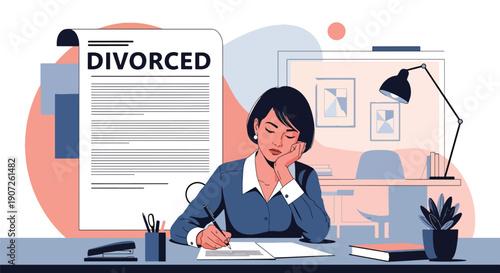 Flat vector illustration of woman signing divorce papers at office desk, legal separation process, emotional decision, modern lifestyle concept, solid colors, clean minimal design