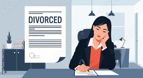Flat vector illustration of woman signing divorce papers at office desk, legal separation process, emotional decision, modern lifestyle concept, solid colors, clean minimal design