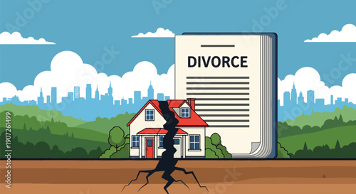 Minimalist vector illustration of a house separated by cracked ground symbolizing divorce and family division, emotional separation concept, solid colors, modern flat style