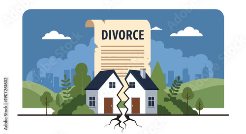 Minimalist vector illustration of a house separated by cracked ground symbolizing divorce and family division, emotional separation concept, solid colors, modern flat style