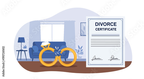 Minimal vector illustration of broken wedding rings beside divorce documents, symbolic end of marriage concept, emotional separation theme, clean flat design, solid colors
