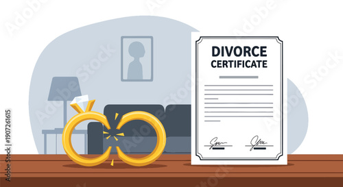 Minimal vector illustration of broken wedding rings beside divorce documents, symbolic end of marriage concept, emotional separation theme, clean flat design, solid colors