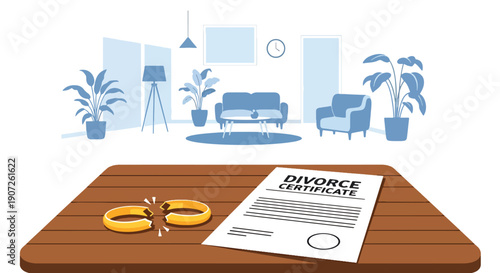 Minimal vector illustration of broken wedding rings beside divorce documents, symbolic end of marriage concept, emotional separation theme, clean flat design, solid colors