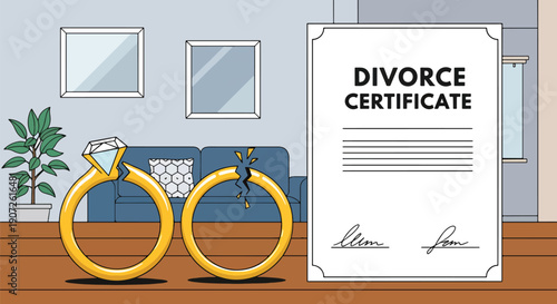 Minimal vector illustration of broken wedding rings beside divorce documents, symbolic end of marriage concept, emotional separation theme, clean flat design, solid colors