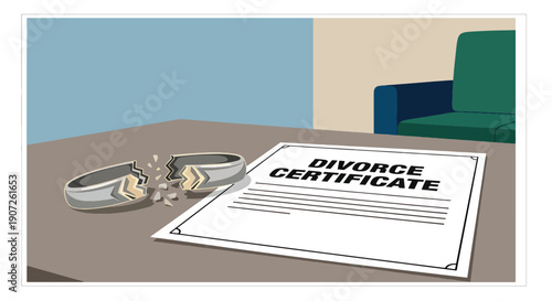 Minimal vector illustration of broken wedding rings beside divorce documents, symbolic end of marriage concept, emotional separation theme, clean flat design, solid colors