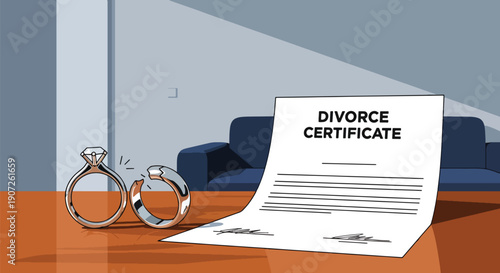 Minimal vector illustration of broken wedding rings beside divorce documents, symbolic end of marriage concept, emotional separation theme, clean flat design, solid colors