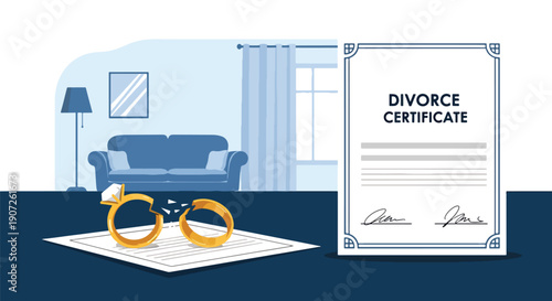 Minimal vector illustration of broken wedding rings beside divorce documents, symbolic end of marriage concept, emotional separation theme, clean flat design, solid colors