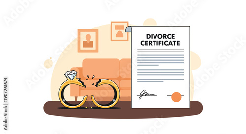 Minimal vector illustration of broken wedding rings beside divorce documents, symbolic end of marriage concept, emotional separation theme, clean flat design, solid colors