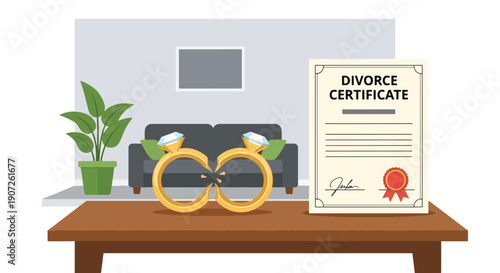 Minimal vector illustration of broken wedding rings beside divorce documents, symbolic end of marriage concept, emotional separation theme, clean flat design, solid colors