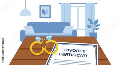 Minimal vector illustration of broken wedding rings beside divorce documents, symbolic end of marriage concept, emotional separation theme, clean flat design, solid colors