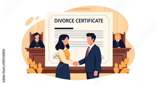 Modern flat vector illustration of couple shaking hands after divorce agreement, mutual respect and peaceful separation concept, clean background, solid colors
