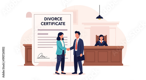 Modern flat vector illustration of couple shaking hands after divorce agreement, mutual respect and peaceful separation concept, clean background, solid colors