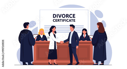 Modern flat vector illustration of couple shaking hands after divorce agreement, mutual respect and peaceful separation concept, clean background, solid colors