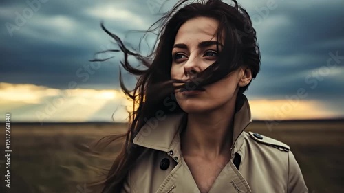 Wallpaper Mural A woman stands in a field, her hair flowing in the wind against a dramatic sky. Torontodigital.ca