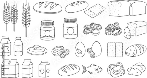 Food Ingredient Line Illustration Set with Bread Wheat Milk Eggs Fish Nuts and Dairy Products for Grocery Packaging Menus and Vector Designs