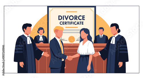 Modern flat vector illustration of couple shaking hands after divorce agreement, mutual respect and peaceful separation concept, clean background, solid colors