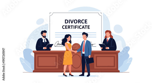 Modern flat vector illustration of couple shaking hands after divorce agreement, mutual respect and peaceful separation concept, clean background, solid colors