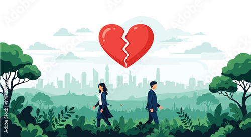 Flat vector illustration of man and woman walking away from each other with broken heart symbol in nature park background, representing divorce, breakup, emotional separation, and relationship ending