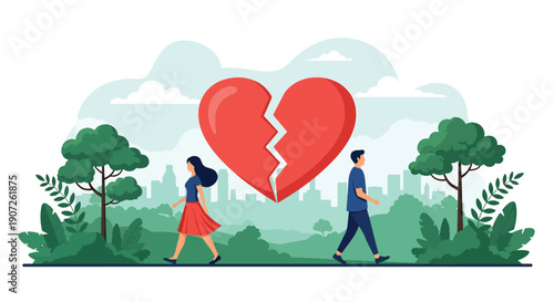 Flat vector illustration of man and woman walking away from each other with broken heart symbol in nature park background, representing divorce, breakup, emotional separation, and relationship ending