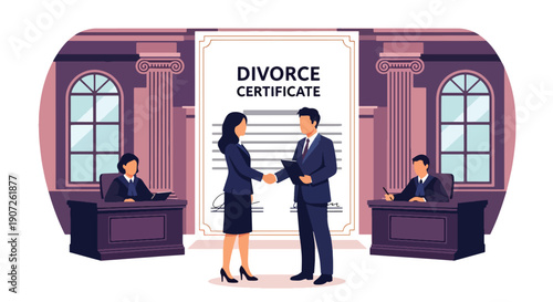Modern flat vector illustration of couple shaking hands after divorce agreement, mutual respect and peaceful separation concept, clean background, solid colors