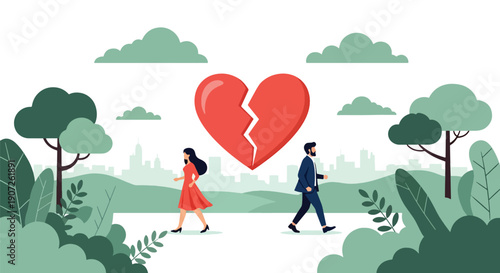 Flat vector illustration of man and woman walking away from each other with broken heart symbol in nature park background, representing divorce, breakup, emotional separation, and relationship ending