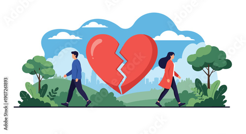 Flat vector illustration of man and woman walking away from each other with broken heart symbol in nature park background, representing divorce, breakup, emotional separation, and relationship ending