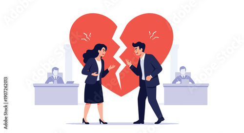 Flat vector illustration of angry man and woman arguing in divorce court with judge and broken heart symbol, representing legal conflict, relationship crisis, family law, and separation process