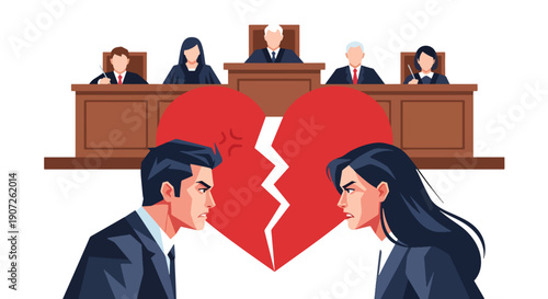 Flat vector illustration of angry man and woman arguing in divorce court with judge and broken heart symbol, representing legal conflict, relationship crisis, family law, and separation process