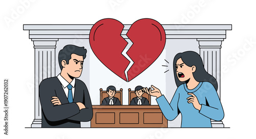 Flat vector illustration of angry man and woman arguing in divorce court with judge and broken heart symbol, representing legal conflict, relationship crisis, family law, and separation process